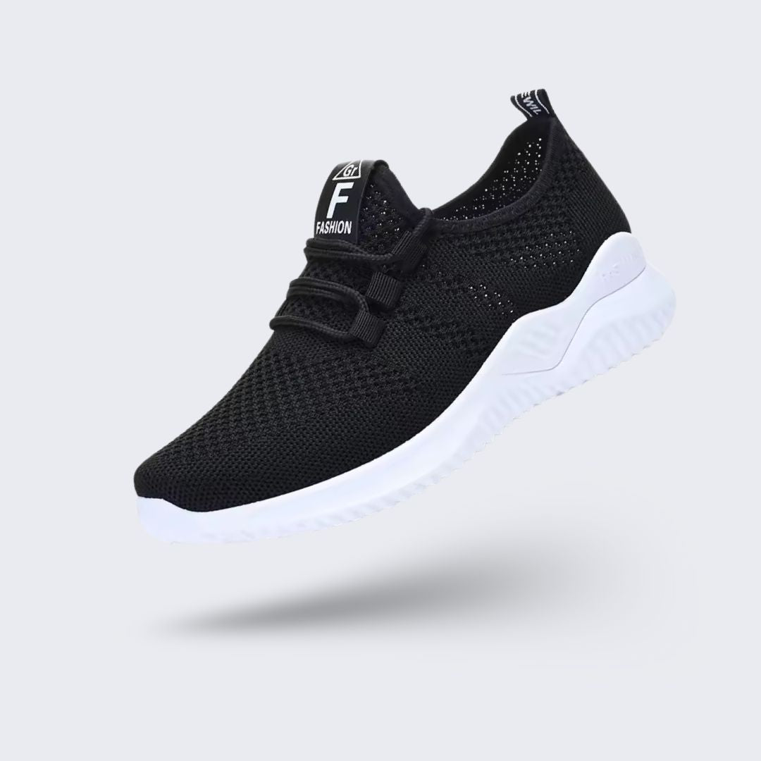 Women's orthopedic comfort sneakers with a breathable knit upper, in pink, gray, black or brown