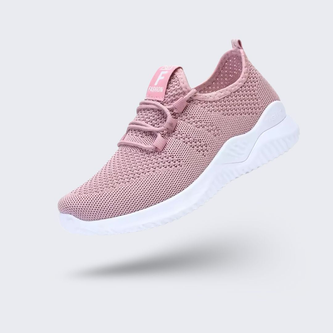 Women's orthopedic comfort sneakers with a breathable knit upper, in pink, gray, black or brown