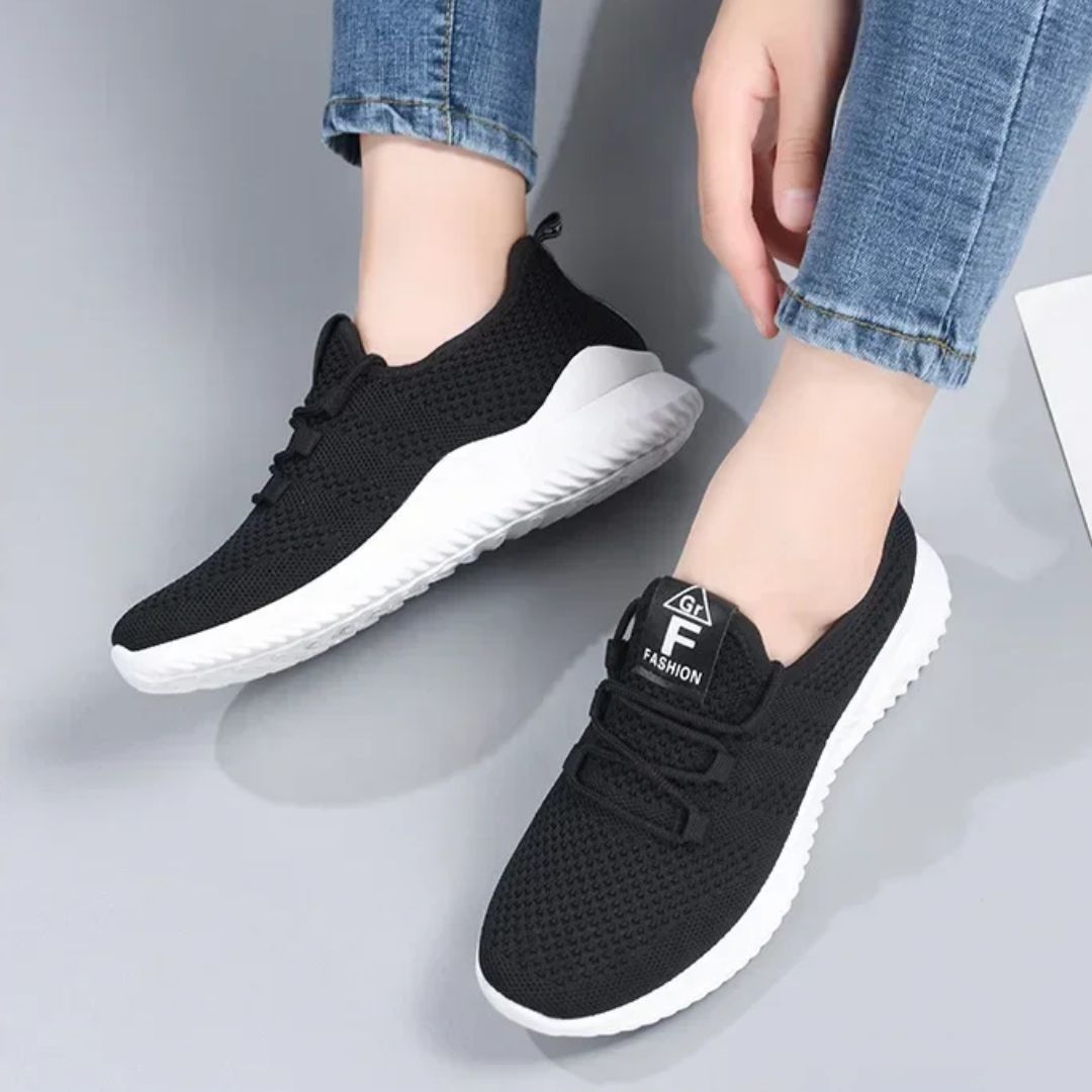 Women's orthopedic comfort sneakers with a breathable knit upper, in pink, gray, black or brown