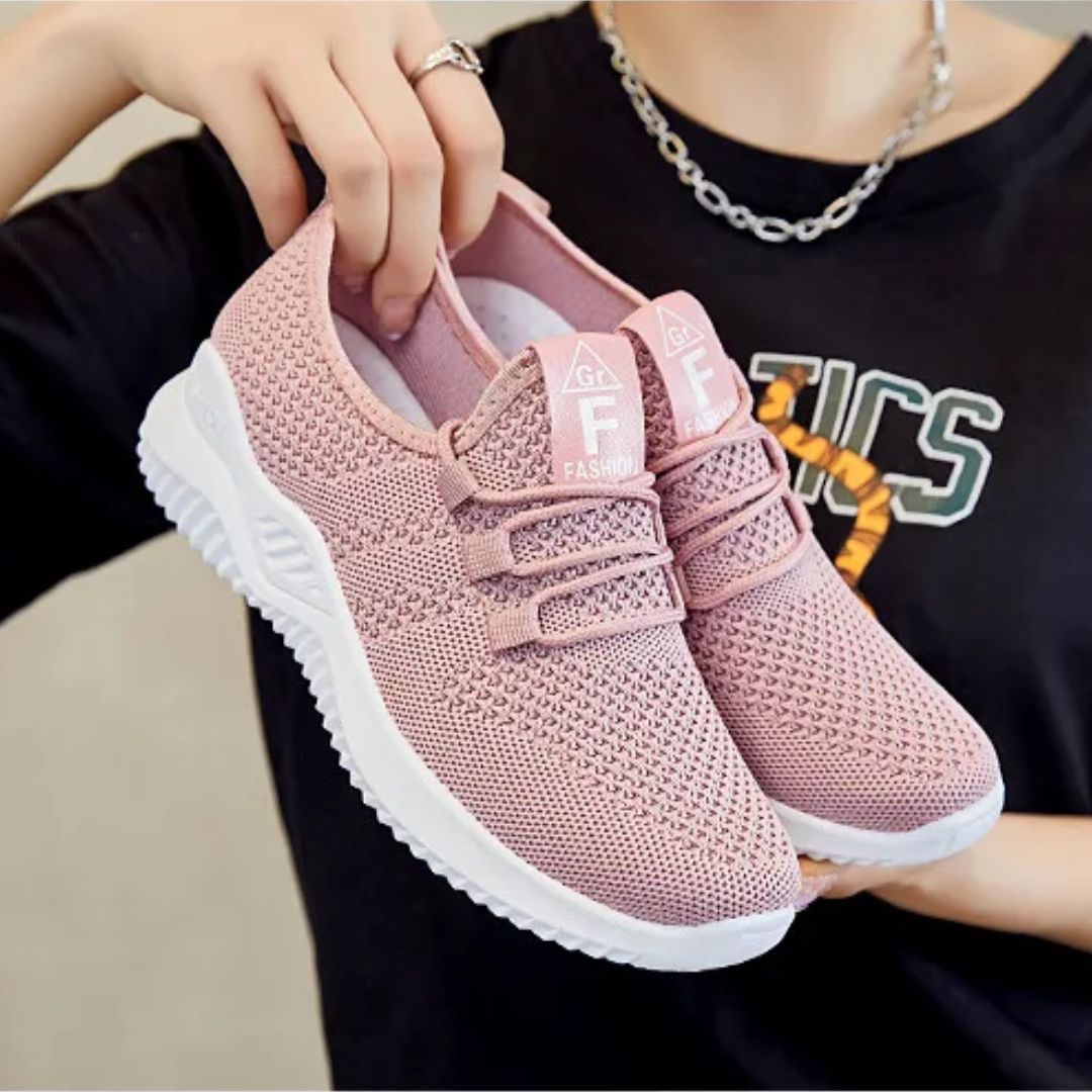 Women's orthopedic comfort sneakers with a breathable knit upper, in pink, gray, black or brown