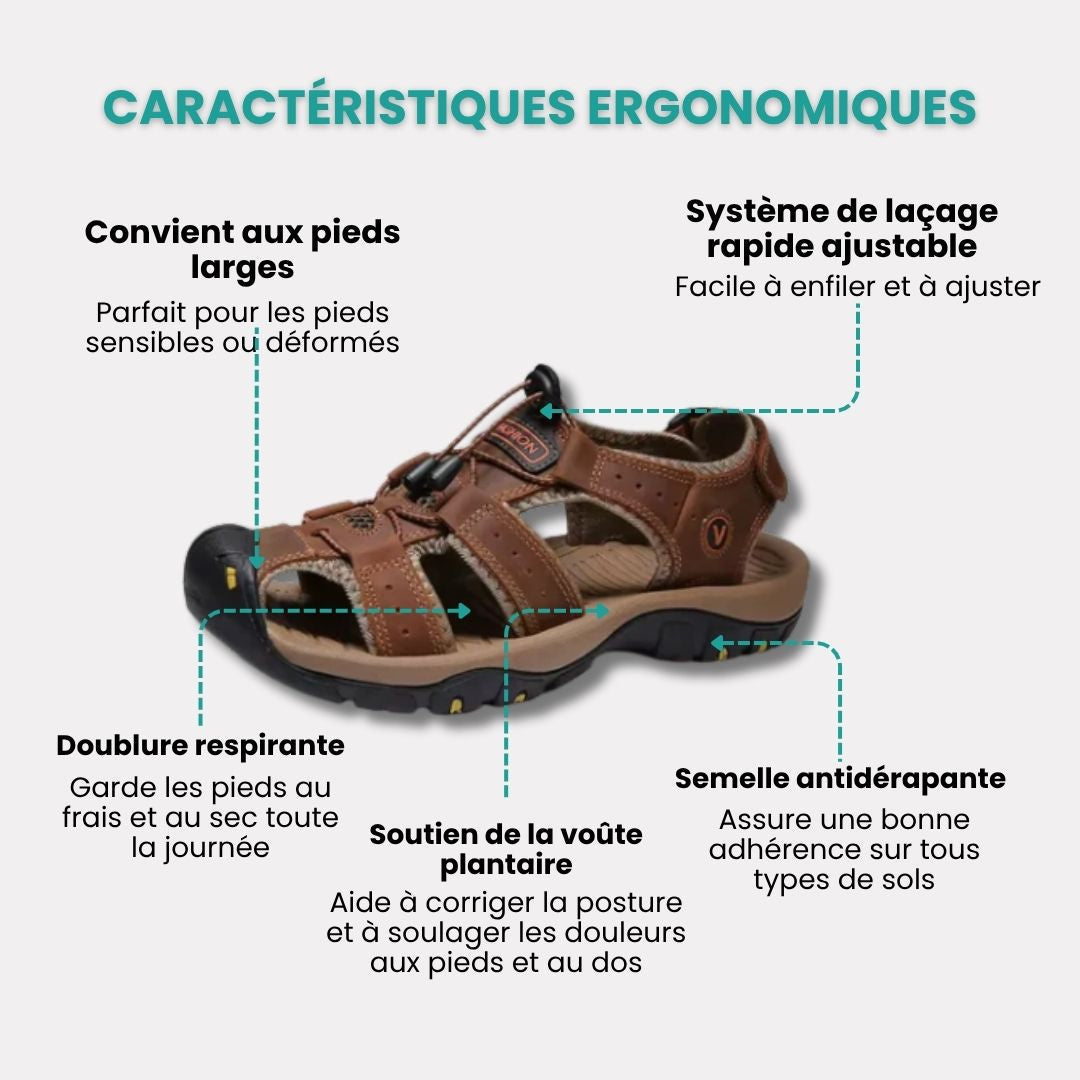 Men's orthopedic summer sandals with adjustable straps, in light brown, black, gray and navy