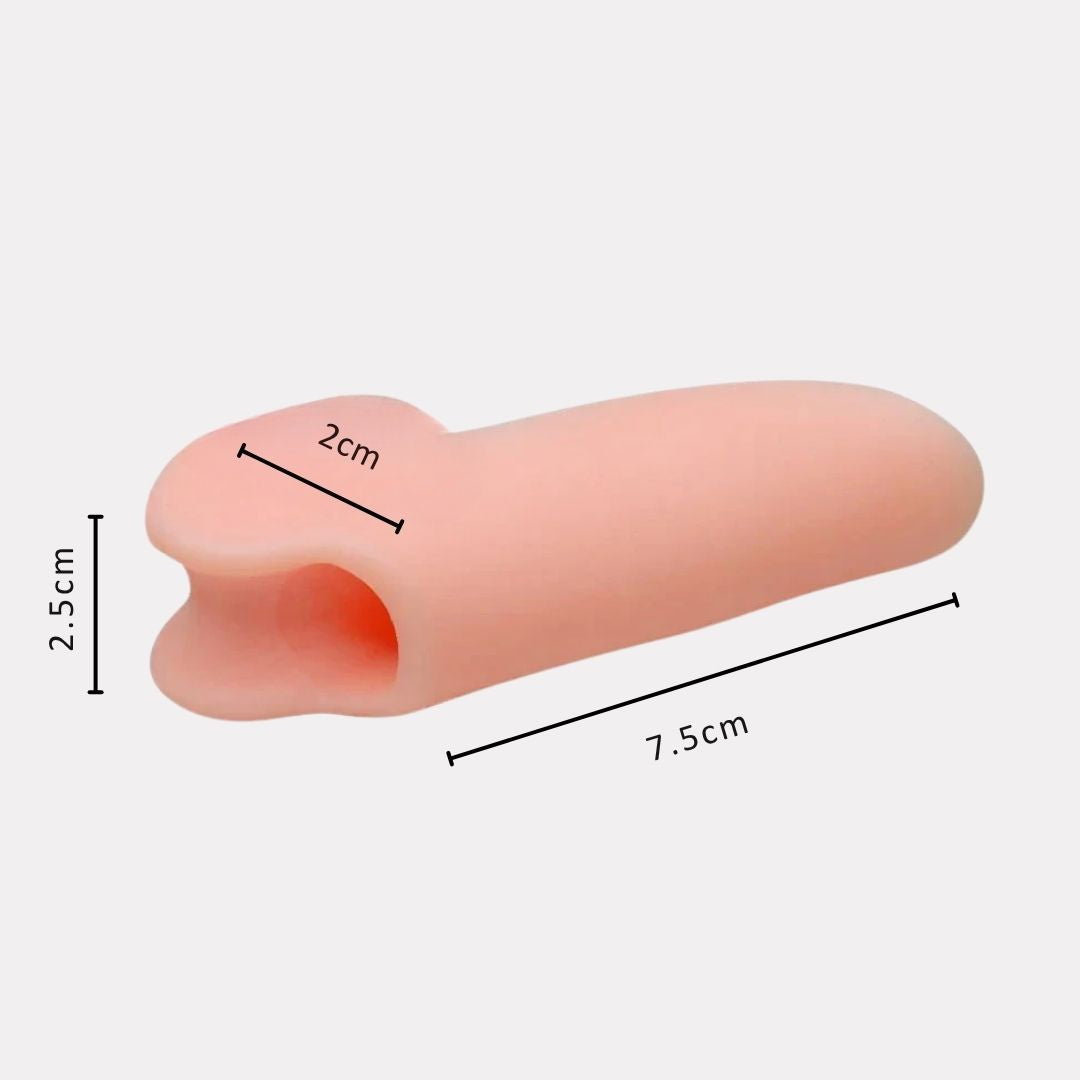 Soft silicone sleeve slipped over the little toe to cushion rubbing