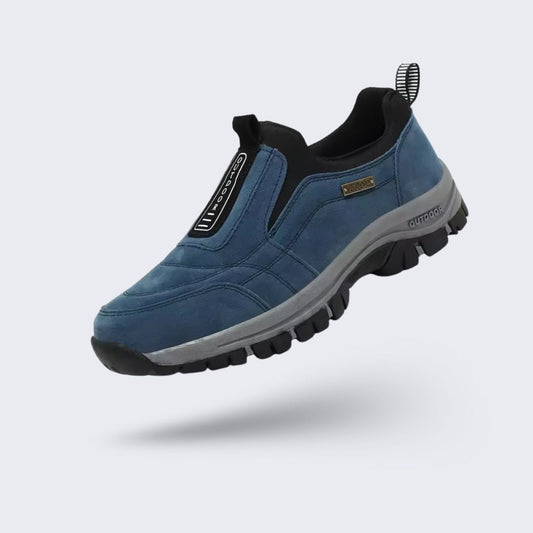 Orthopedic walking shoes with a padded collar, in dark blue, khaki, black, brown and green