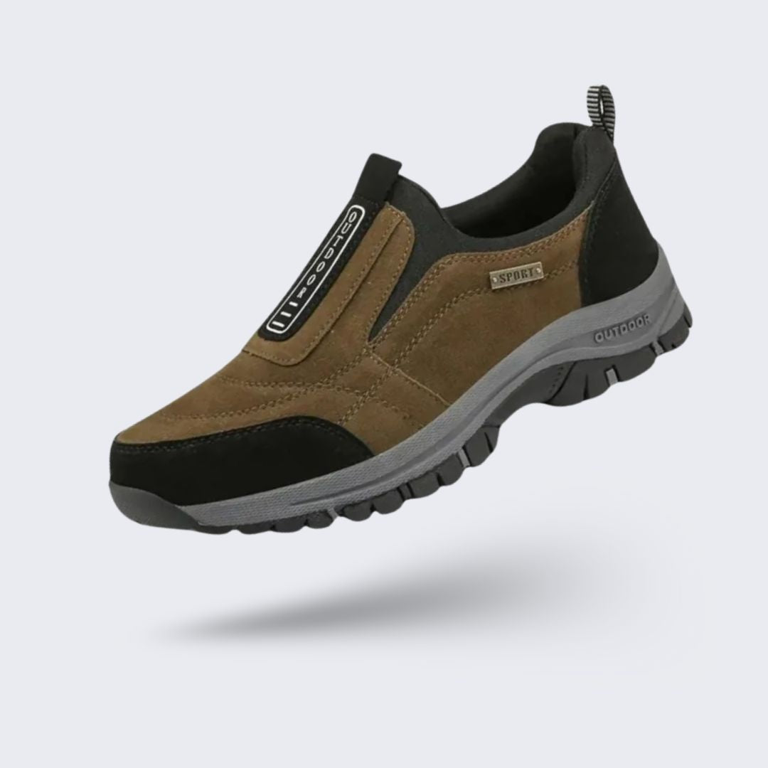 Orthopedic walking shoes with a padded collar, in dark blue, khaki, black, brown and green