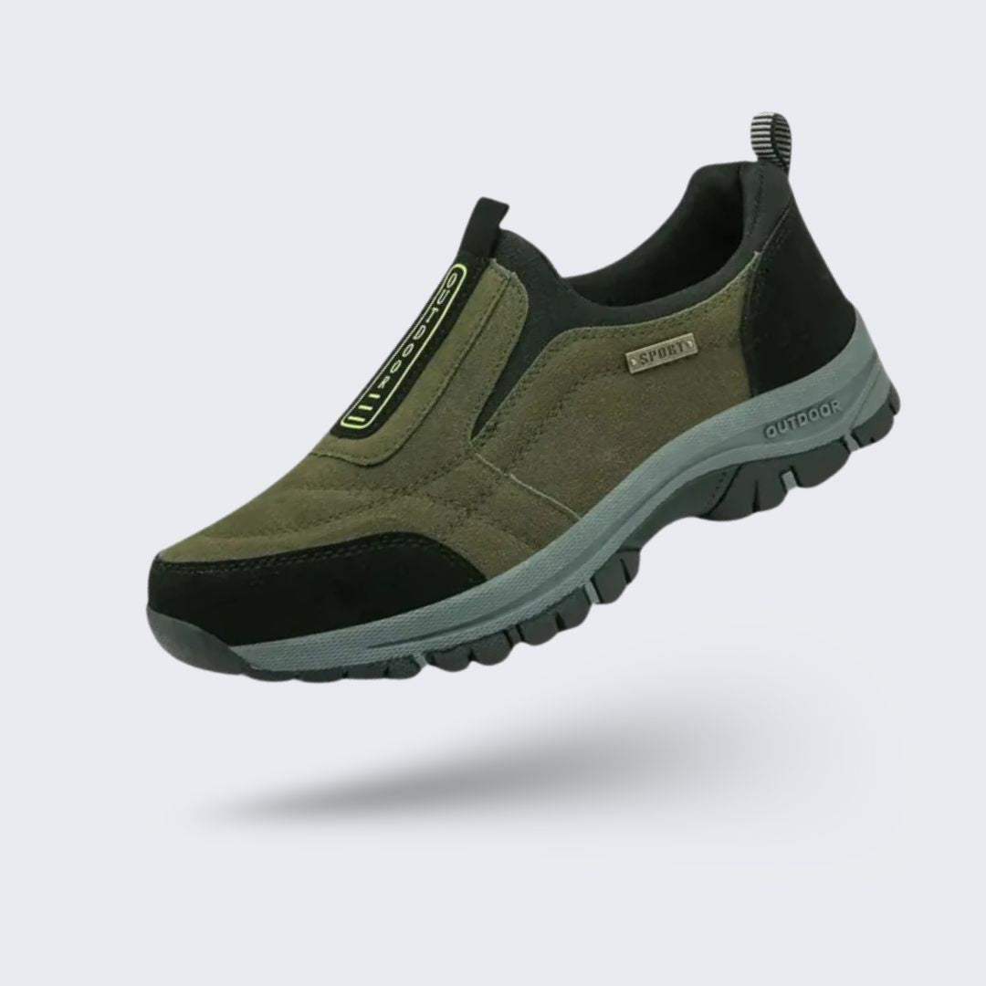 Orthopedic walking shoes with a padded collar, in dark blue, khaki, black, brown and green
