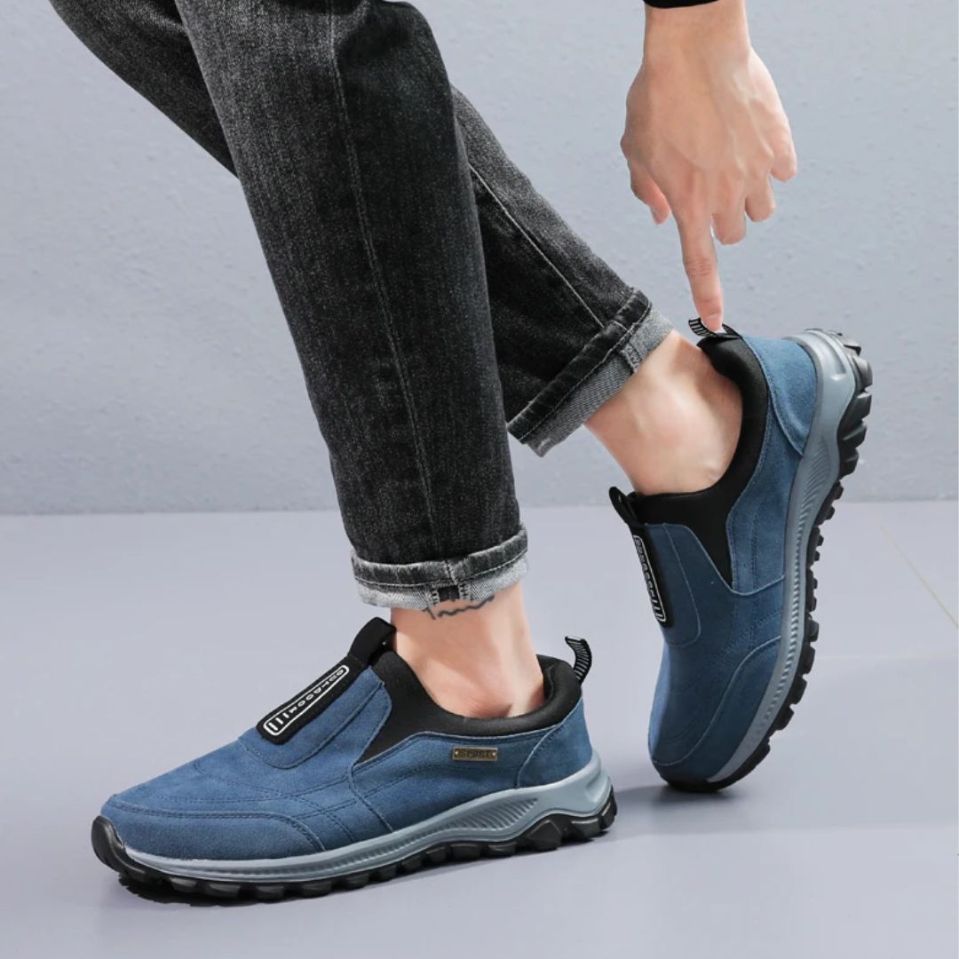 Orthopedic walking shoes with a padded collar, in dark blue, khaki, black, brown and green