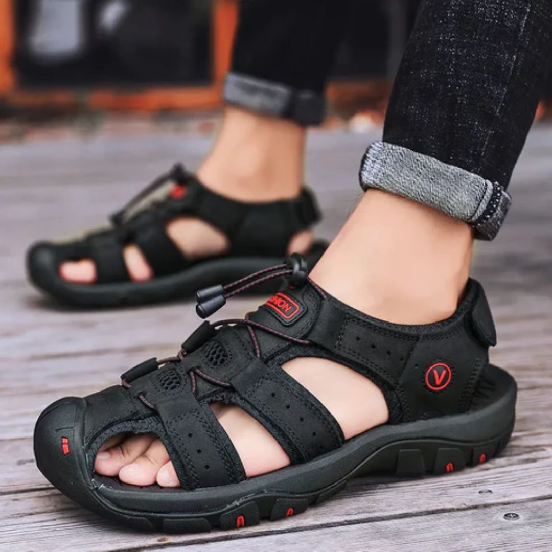Men's orthopedic summer sandals with adjustable straps, in light brown, black, gray and navy