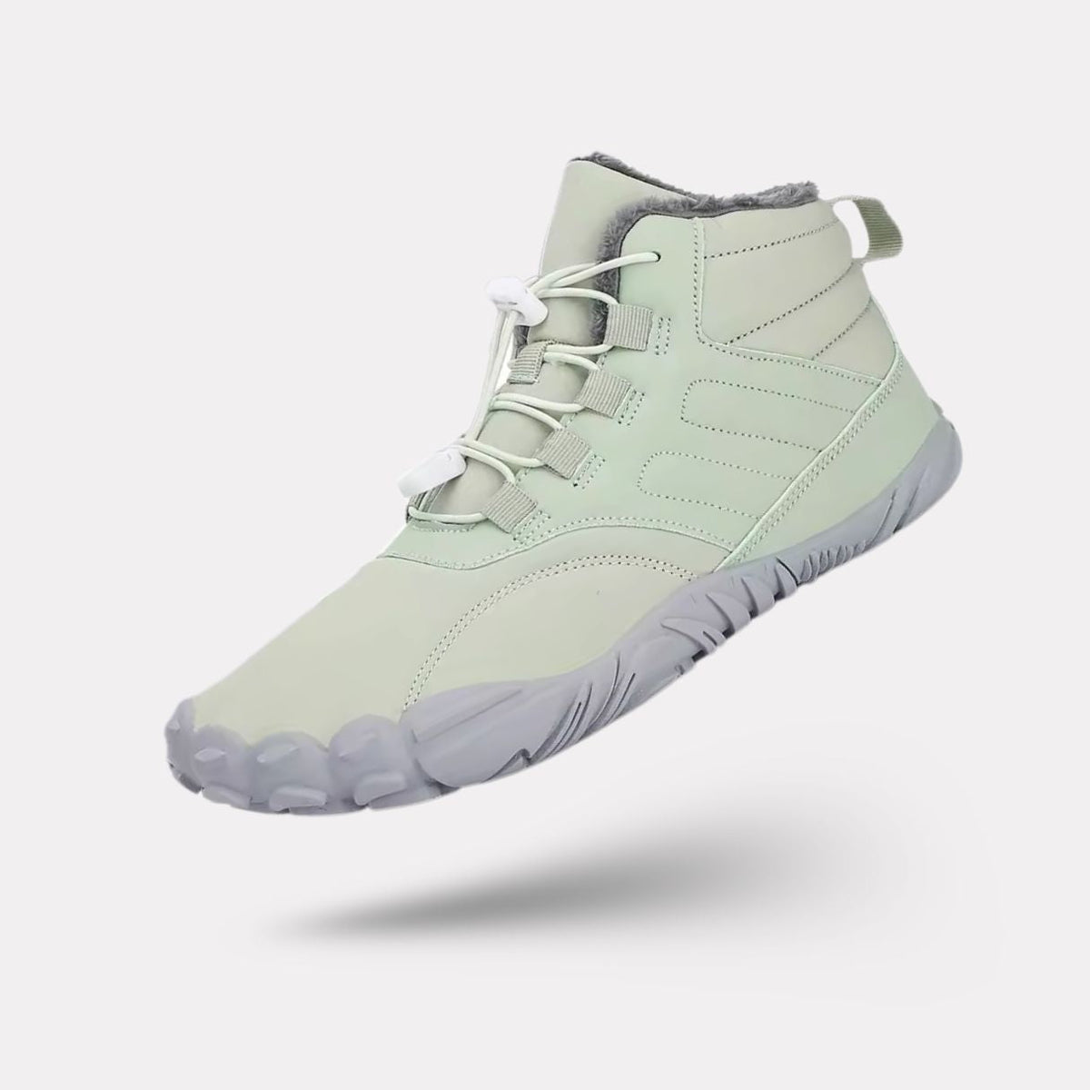 Green winter barefoot shoes with a lined upper and a flat wide toe box