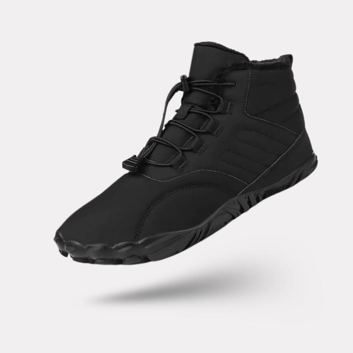Green winter barefoot shoes with a lined upper and a flat wide toe box