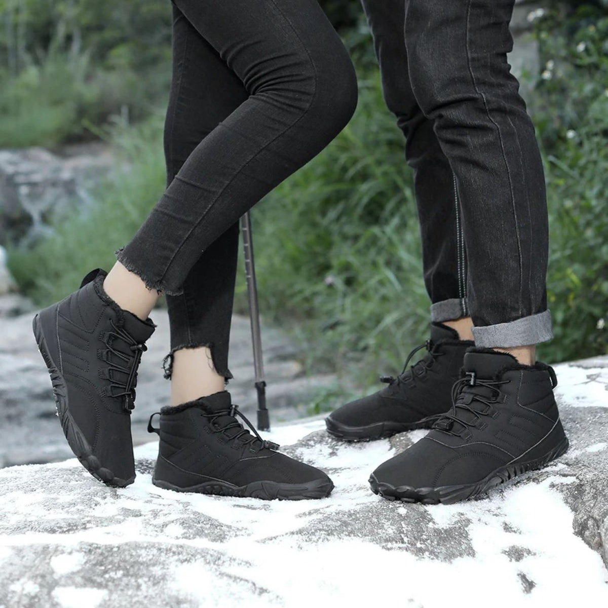Green winter barefoot shoes with a lined upper and a flat wide toe box