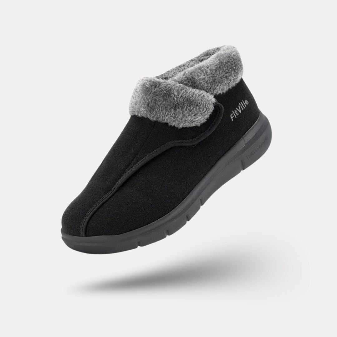 Winter comfort shoes with a stretchy wide forefoot that eases pressure on a bunion