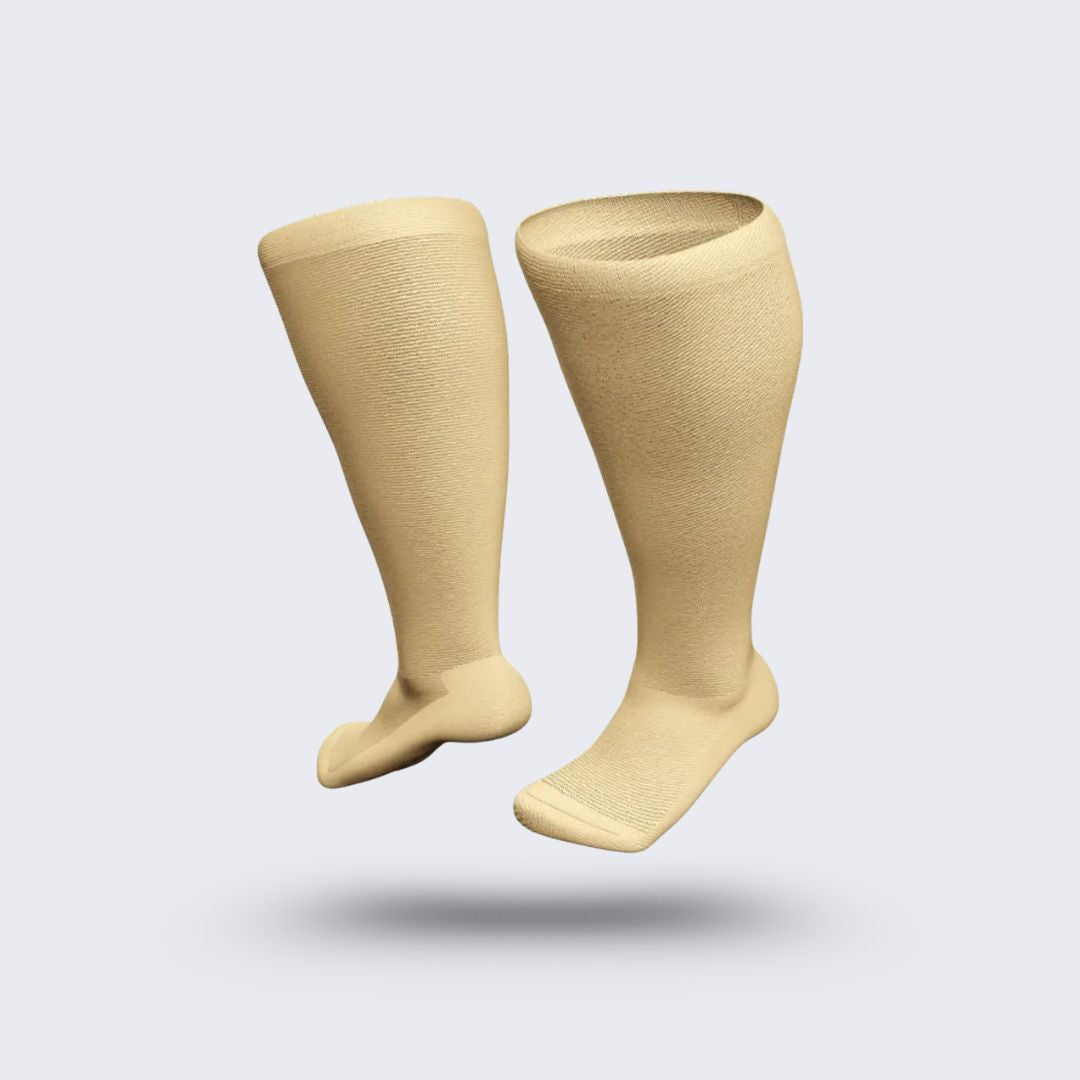 Black compression socks cut for wide calves with a graduated knit