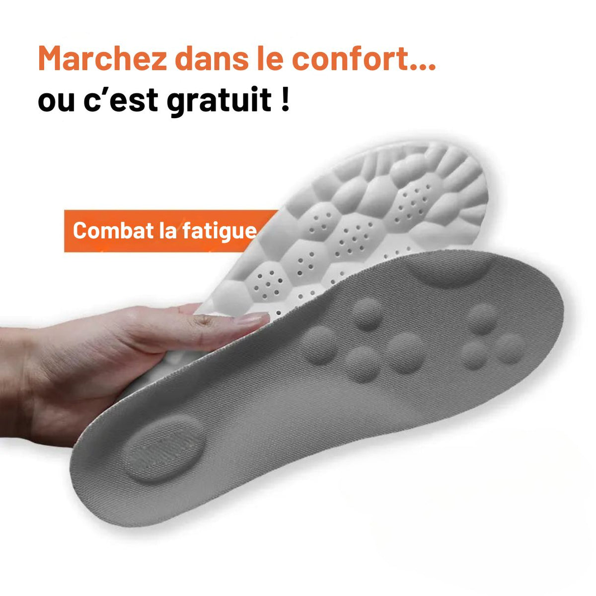 Pair of memory foam orthopedic insoles with a raised arch, worn inside the shoe