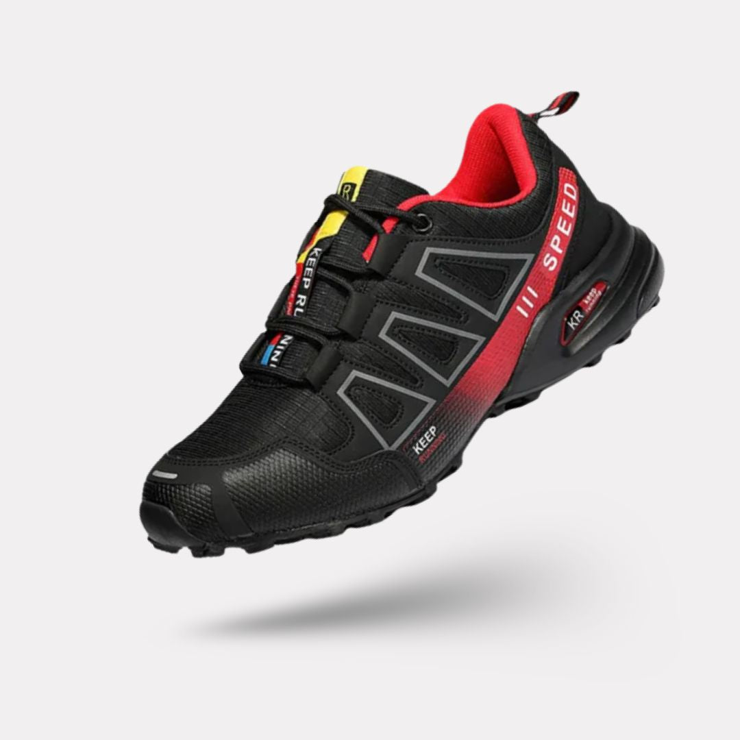 Blue orthopedic walking shoes with a knit upper and a shock absorbing sole