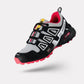 Blue orthopedic walking shoes with a knit upper and a shock absorbing sole
