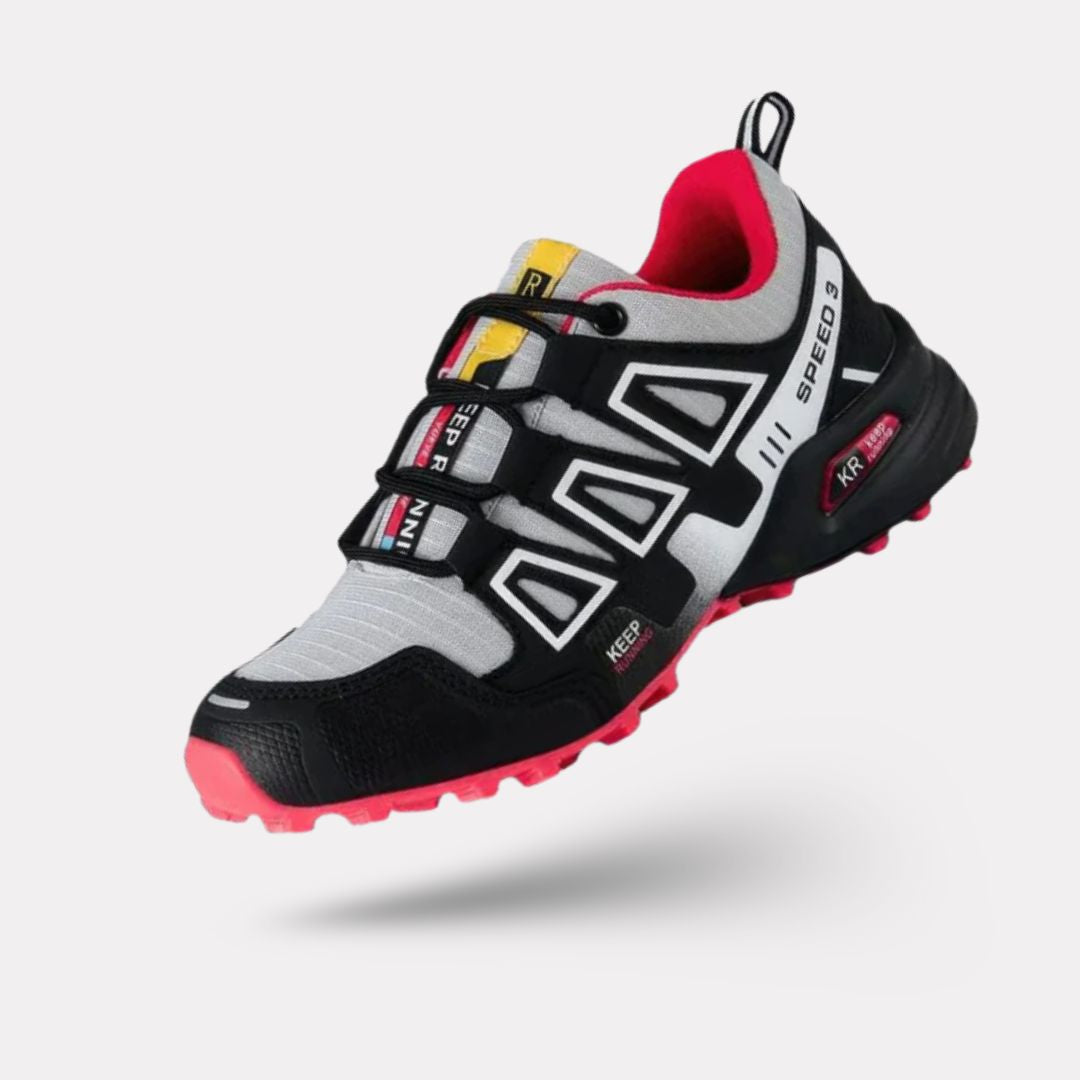Blue orthopedic walking shoes with a knit upper and a shock absorbing sole