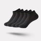 Five pairs of soft bamboo fiber socks in black and gray, worn up to mid-calf
