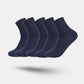 Bamboo fiber crew socks worn at the ankle, in five-pair packs of black, gray or navy