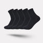 Bamboo fiber crew socks worn at the ankle, in five-pair packs of black, gray or navy