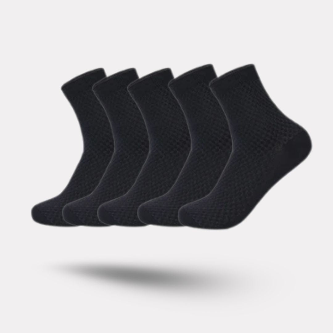 Bamboo fiber crew socks worn at the ankle, in five-pair packs of black, gray or navy