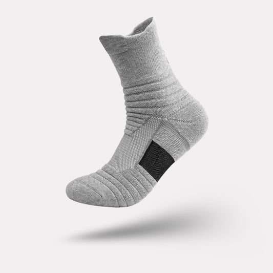 Ribbed technical sport socks with a compression arch band, in gray, white and black