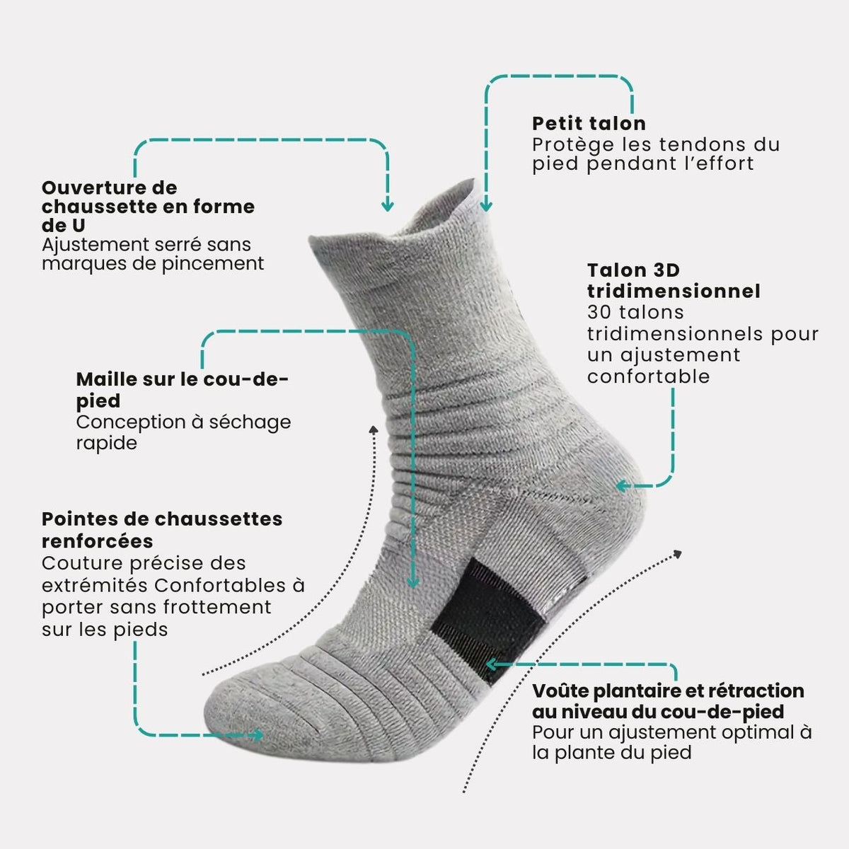 Ribbed technical sport socks with a compression arch band, in gray, white and black
