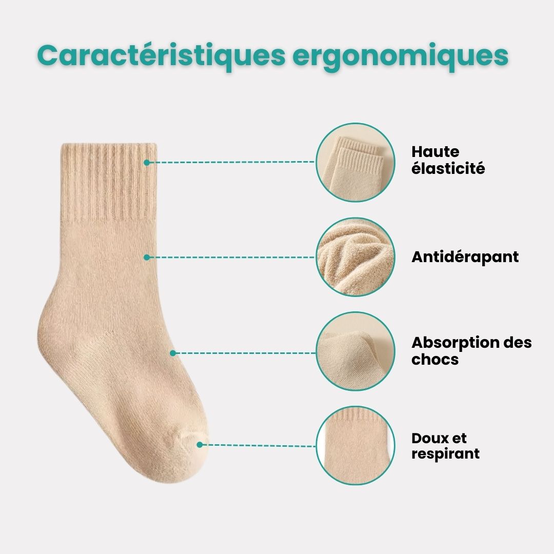 Five pairs of thick knit winter socks for kids, worn up to mid-calf