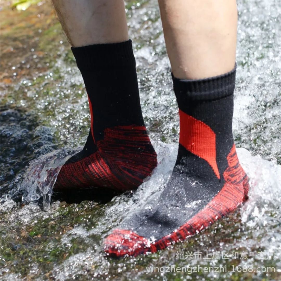 Waterproof outdoor socks pulled up the calf for hiking and cycling