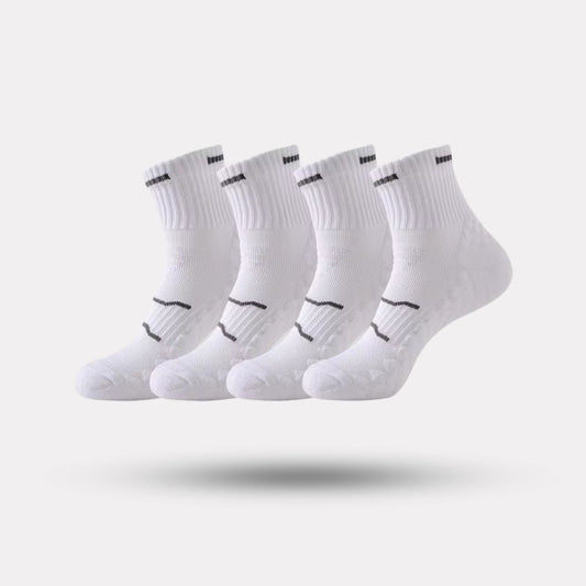 Black and white running socks in ankle and crew heights with a reinforced arch band