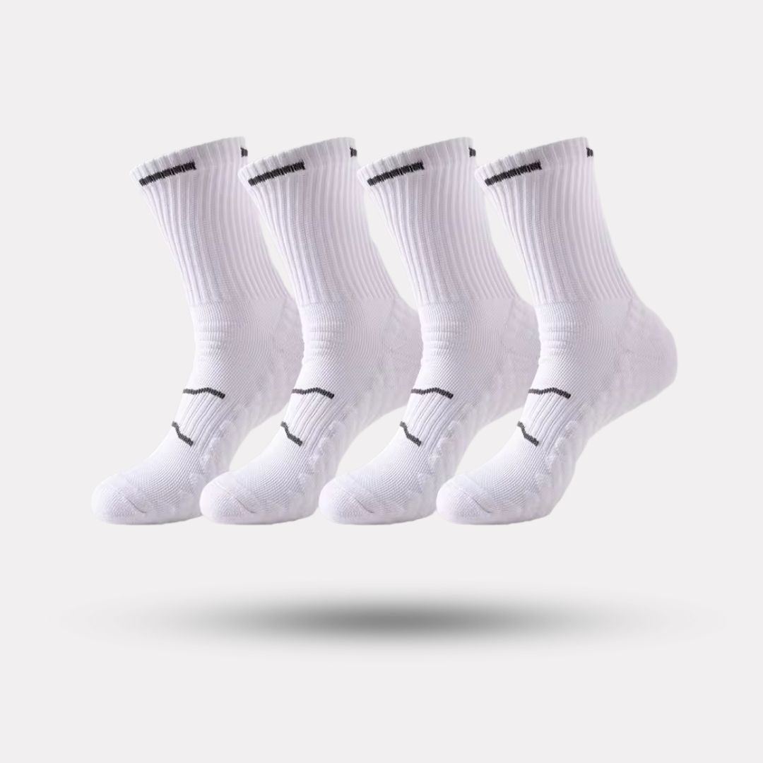 Black and white running socks in ankle and crew heights with a reinforced arch band