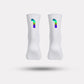 Black cycling socks with reflective stripes, worn high on the calf