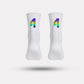 Black cycling socks with reflective stripes, worn high on the calf