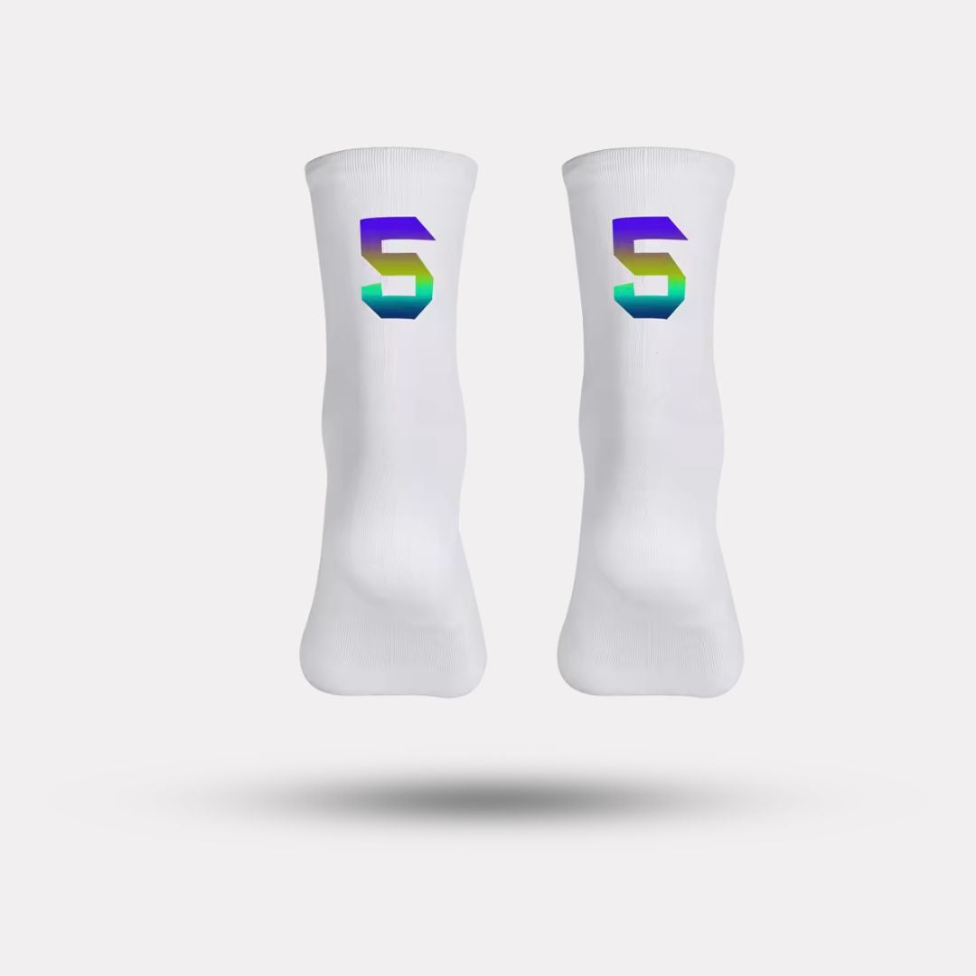 Black cycling socks with reflective stripes, worn high on the calf