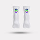 Black cycling socks with reflective stripes, worn high on the calf