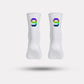 Black cycling socks with reflective stripes, worn high on the calf