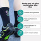 Black cycling socks with reflective stripes, worn high on the calf