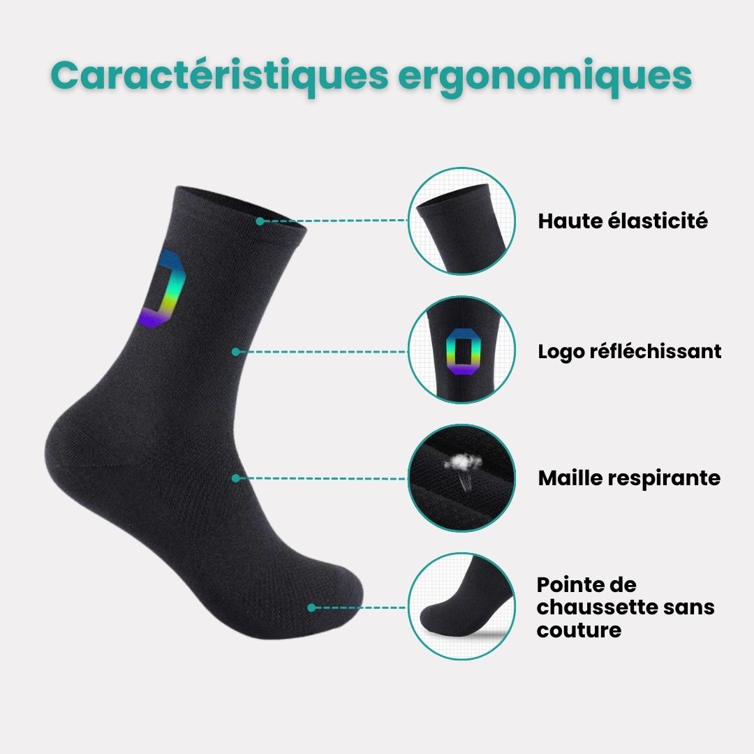 Black cycling socks with reflective stripes, worn high on the calf