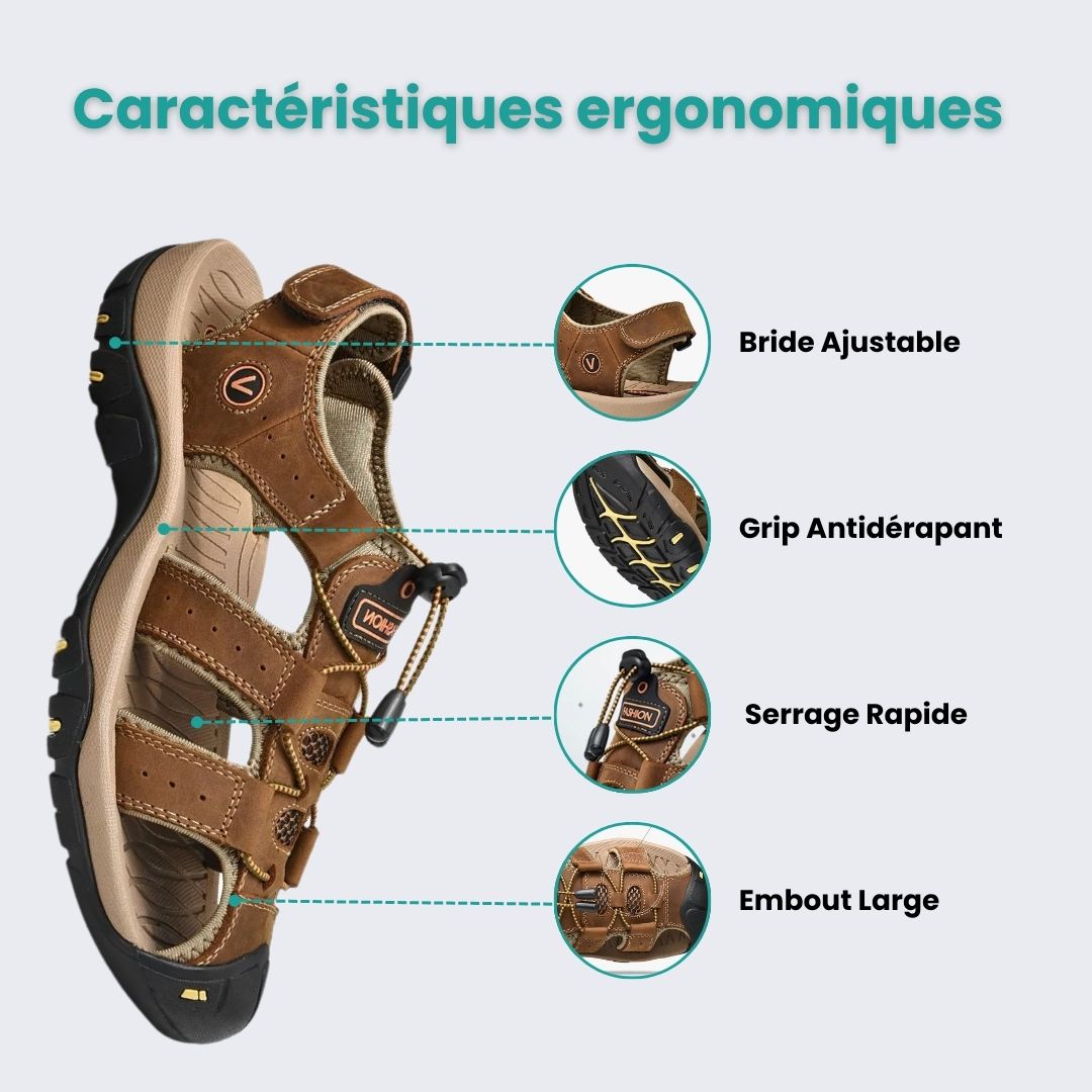 Brown leather orthopedic sandals with buckled straps and a contoured footbed