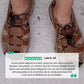 Brown leather orthopedic sandals with buckled straps and a contoured footbed