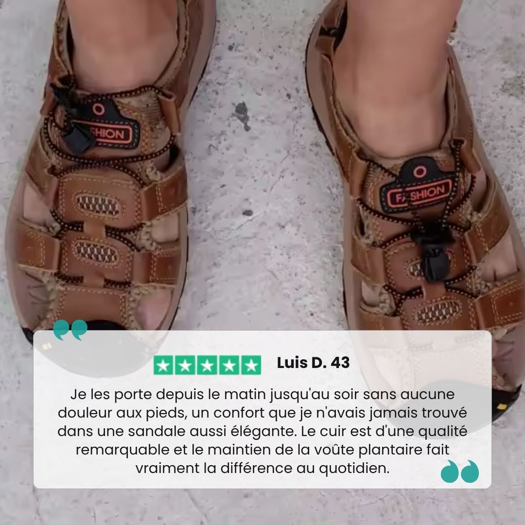 Brown leather orthopedic sandals with buckled straps and a contoured footbed