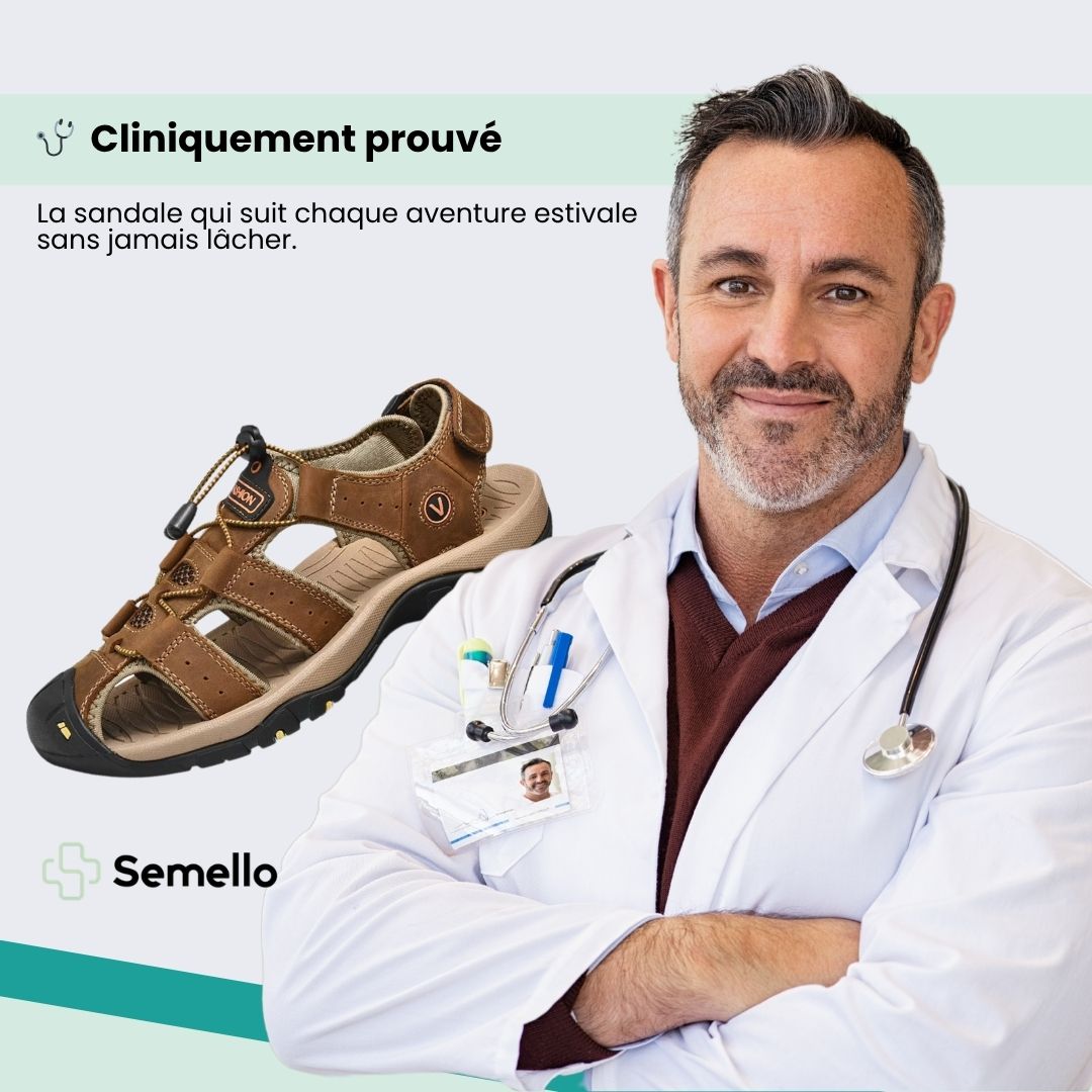 Brown leather orthopedic sandals with buckled straps and a contoured footbed