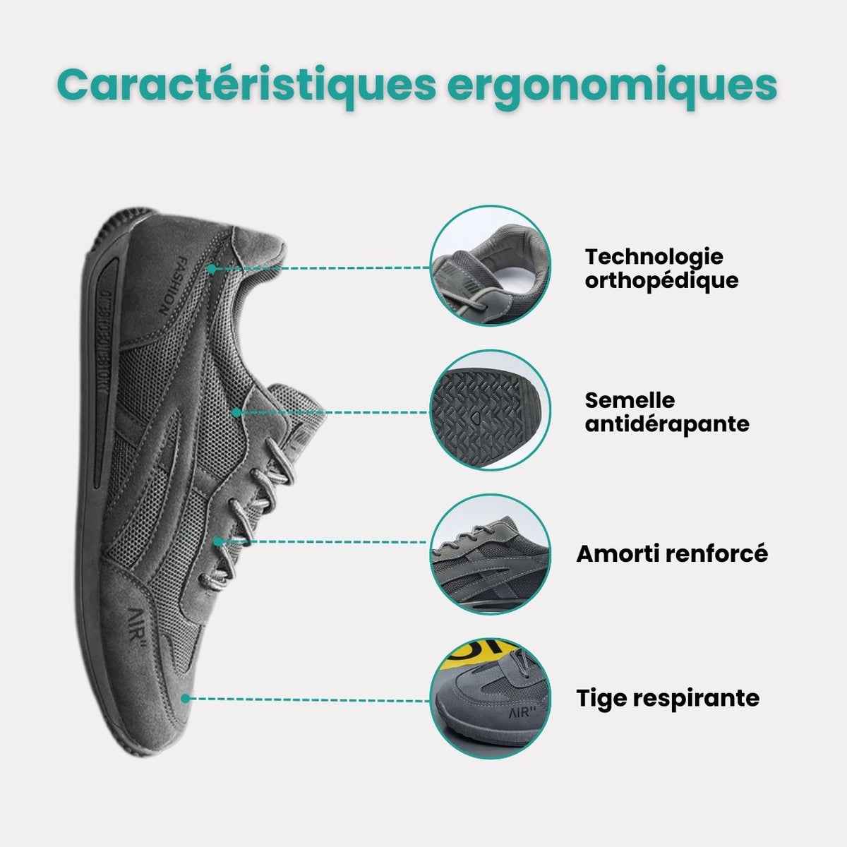 Men's orthopedic sneakers with a cushioned midsole, in beige, dark gray and green