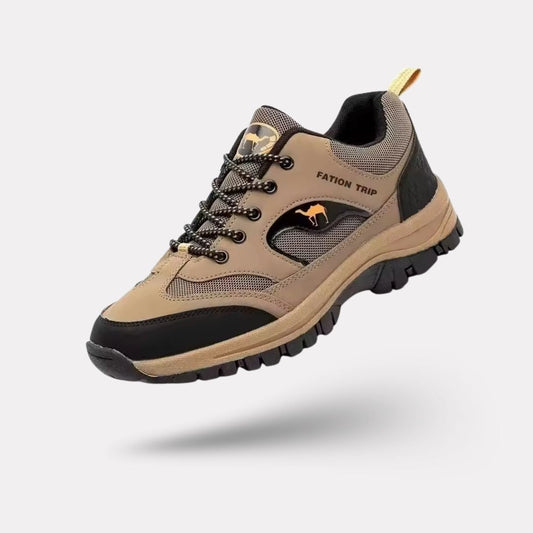 Lace-up orthopedic walking shoes with a thick cushioned sole, in caramel and black