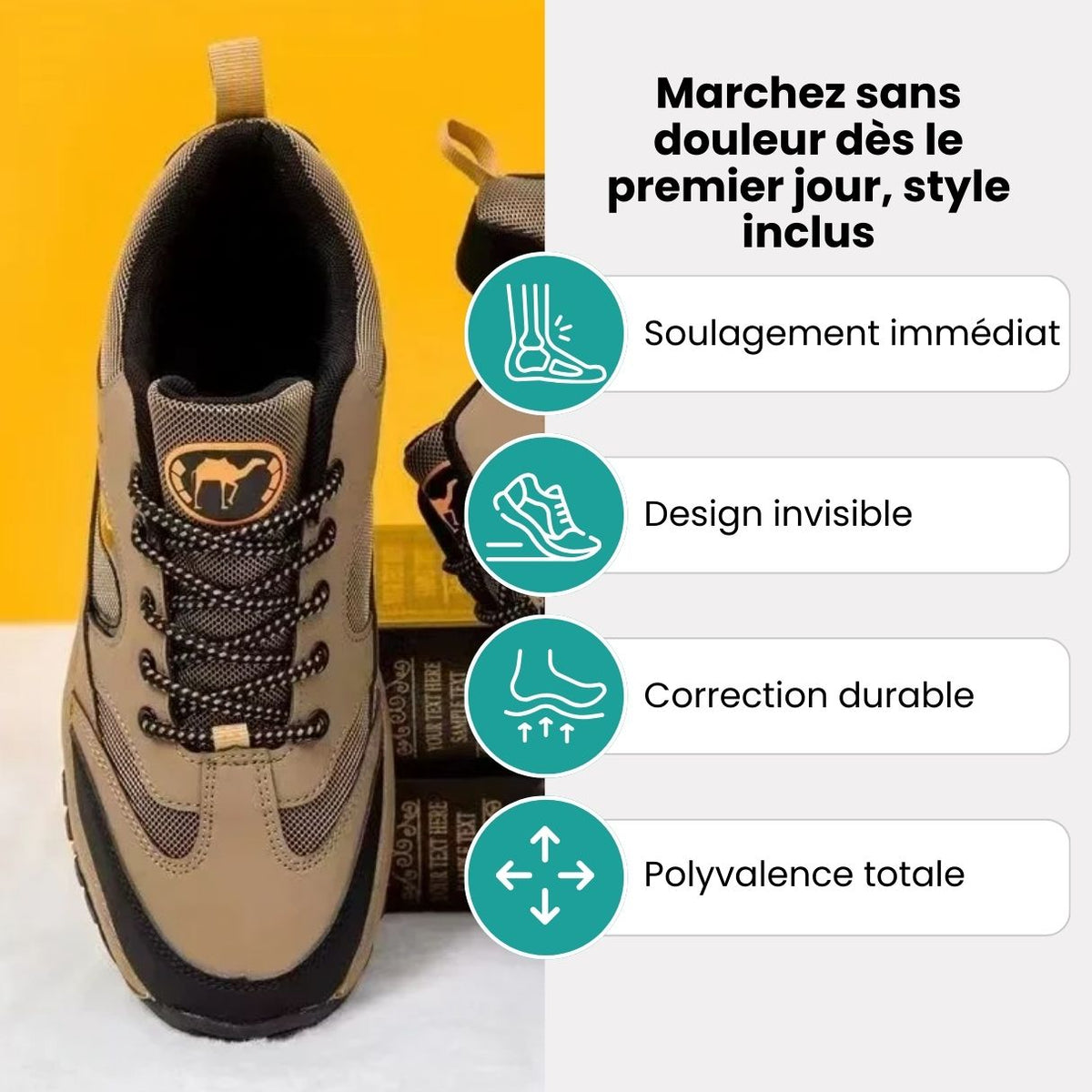 Lace-up orthopedic walking shoes with a thick cushioned sole, in caramel and black
