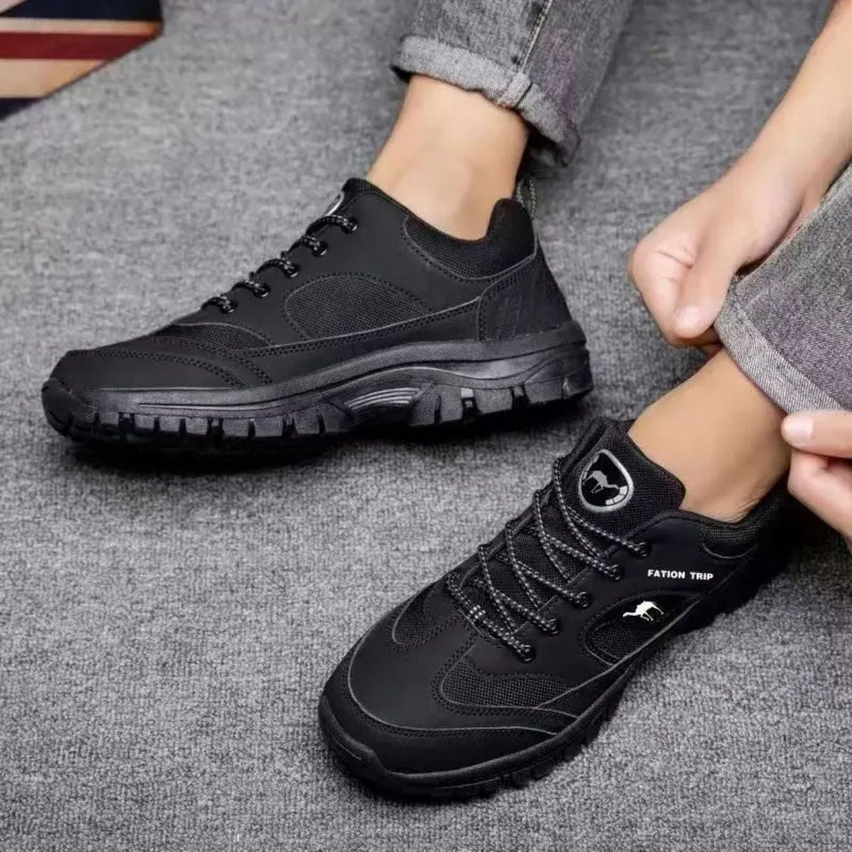 Lace-up orthopedic walking shoes with a thick cushioned sole, in caramel and black