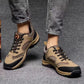 Lace-up orthopedic walking shoes with a thick cushioned sole, in caramel and black
