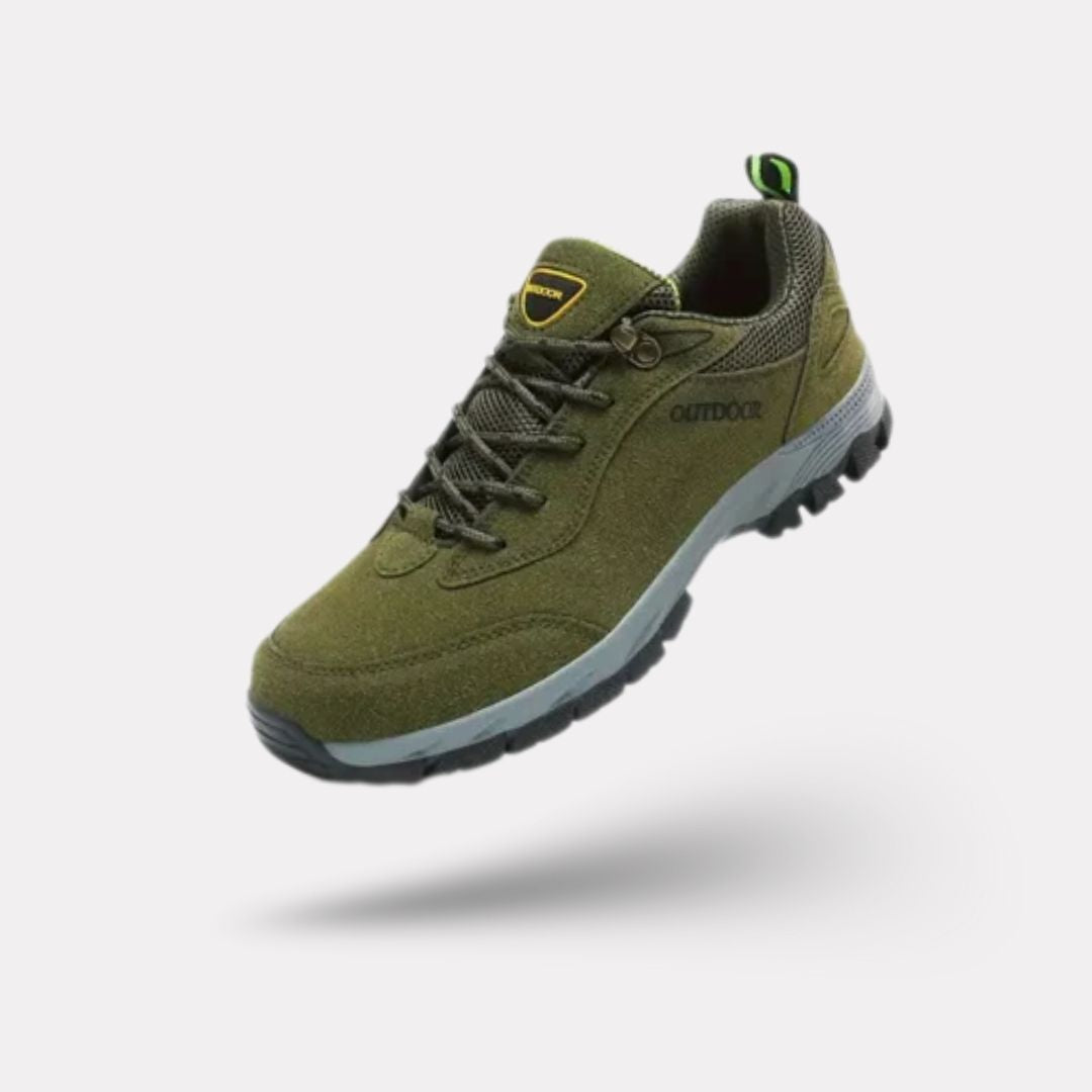 Dark gray hiking shoes with a lugged rubber outsole and a padded ankle collar