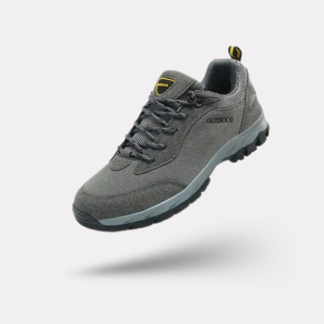Dark gray hiking shoes with a lugged rubber outsole and a padded ankle collar