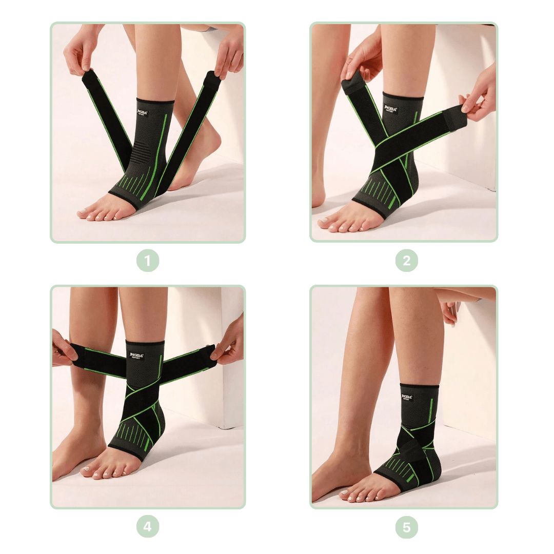 Compression ankle brace sleeve in green and gray, worn around the arch and ankle