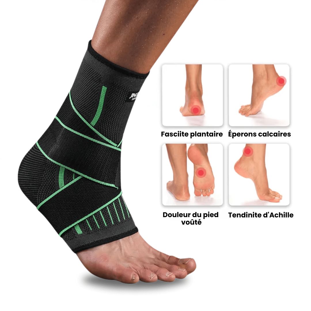 Green compression ankle brace sleeve pulled over the heel and arch